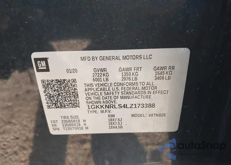 2020 GMC Acadia Fwd Sle z USA, uszkodzony, nr VIN 1GKKNRLS4LZ173388